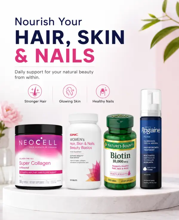 Hair skin and nails supplements in Pakistan including collagen powder, biotin tablets, GNC beauty basics and Rogaine foam