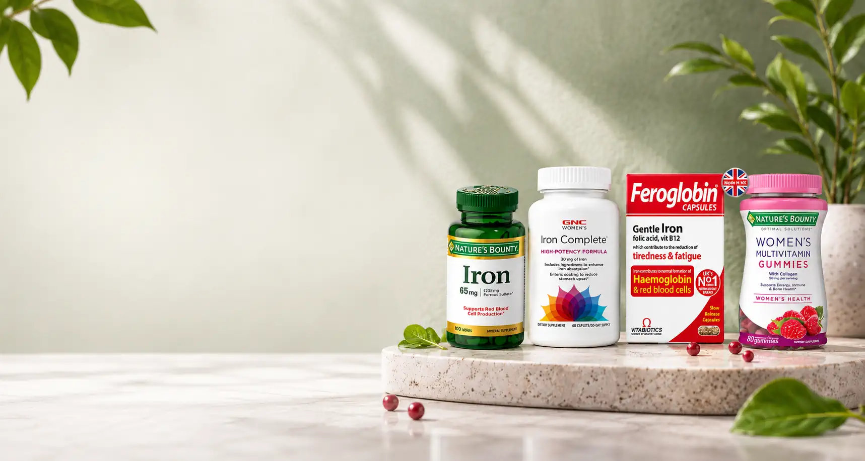 Iron and folic supplements in Pakistan including Nature’s Bounty Iron, GNC Iron Complete, Feroglobin and women’s multivitamin gummies at HealthBazar.pk