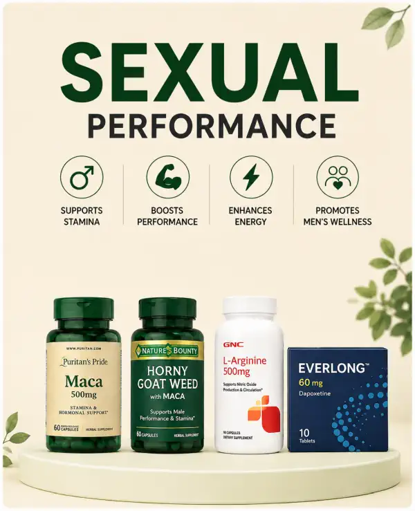 Sexual health and performance supplements in Pakistan including Maca, Horny Goat Weed, L-Arginine and Everlong tablets