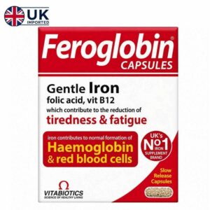 Front view of Vitabiotics Feroglobin B12 slow-release capsules 30s pack on healthbazaar.pk, a premium iron supplement in Pakistan.