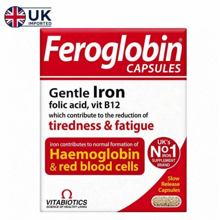 Front view of Vitabiotics Feroglobin B12 slow-release capsules 30s pack on healthbazaar.pk, a premium iron supplement in Pakistan.